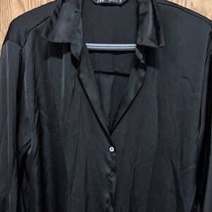 Zara Black Satin Button-Front Blouse